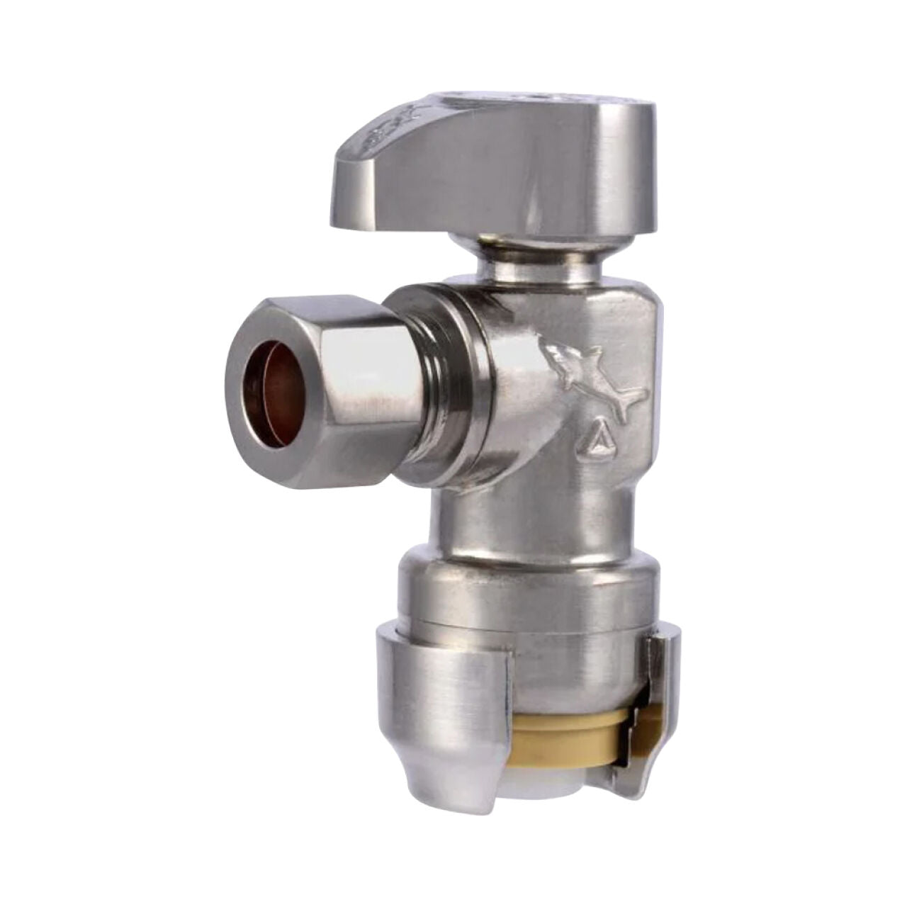A close-up of the Go Build 1/2 in. Push to Connect x 3/8 in. O.D. Compression Angle Stop Valve in brushed nickel with a lever handle, designed for plumbing, isolated on white.